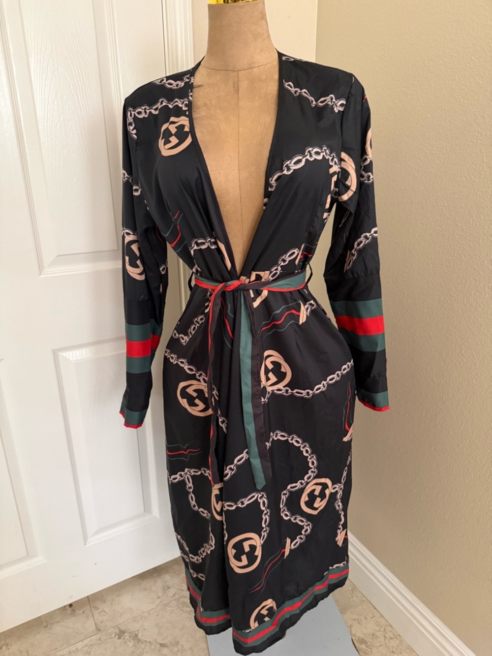 Black Chain-Print Wrap Robe with Red & Green Trim